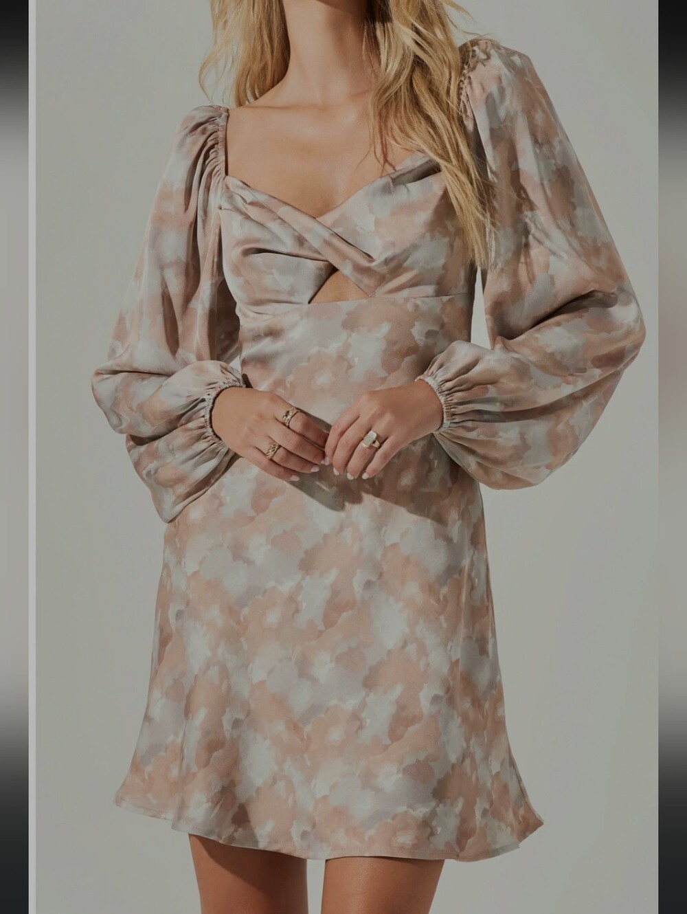 ASTR the Label Twist Front Long Sleeve Satin Mini Dress Beige Gray - Xs